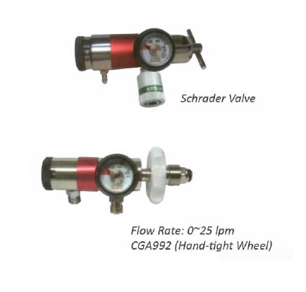 CLICK STYLE OXYGEN REGULATOR WITH SCHRADER VALVE- 1 DISS OUTLESS WITH BULLNOSE
