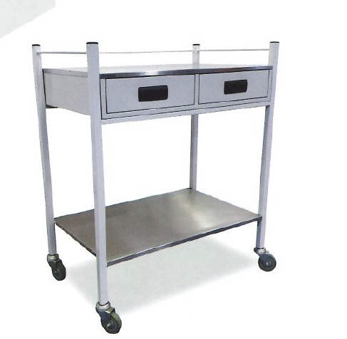 MILD STEEL DRESSING TROLLEY WITH 2 DRAWERS AND 1 STAINLESS STEEL SHELF  